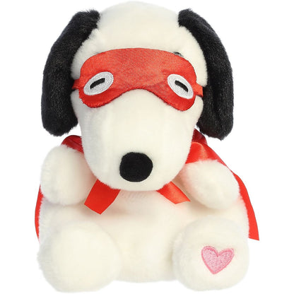 Straight-on front view of the soft white Palm Pals Snoopy stuffed animal dressed as a superhero.