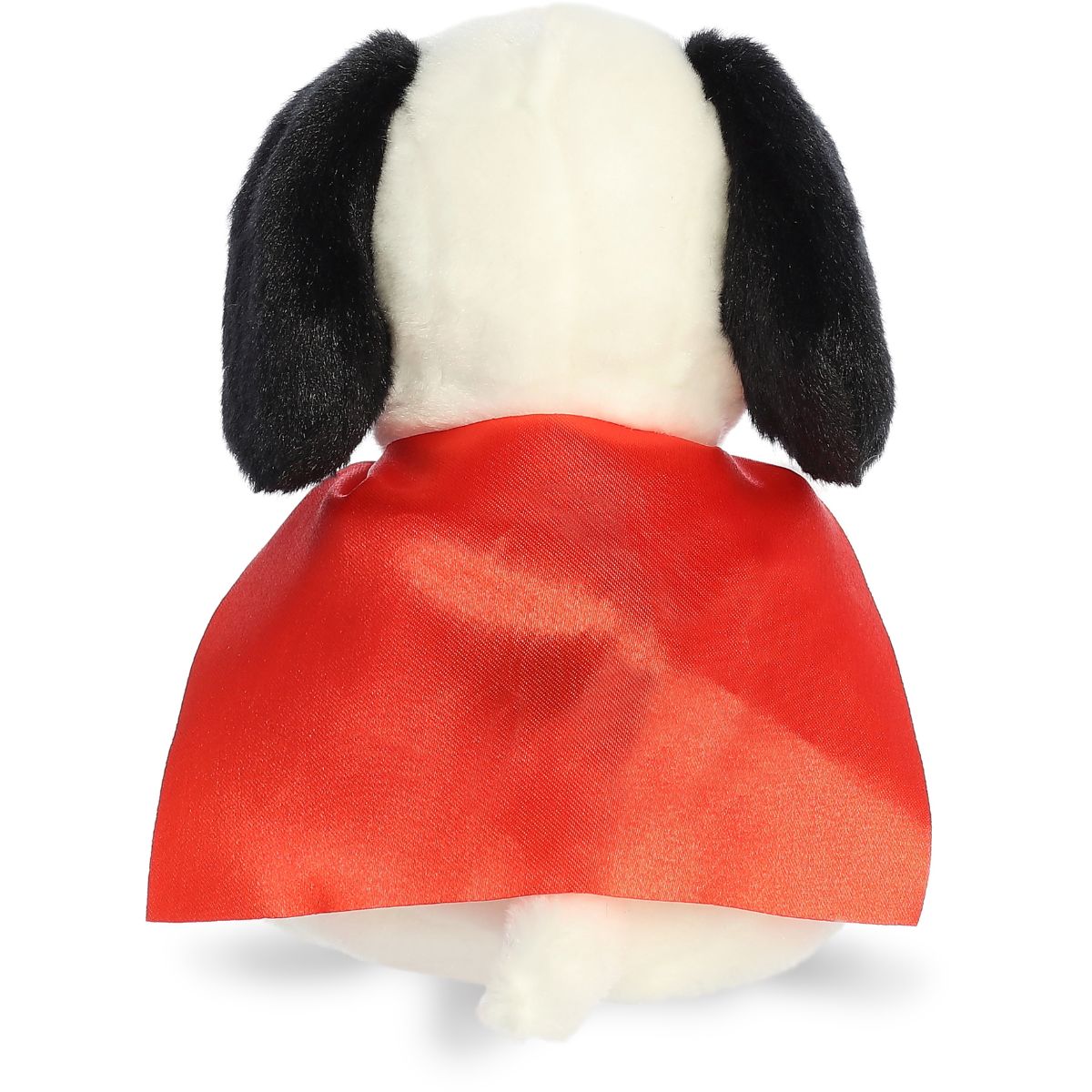 Back view of the cuddly Palm Pals Snoopy stuffed toy showing his bright red superhero cape.