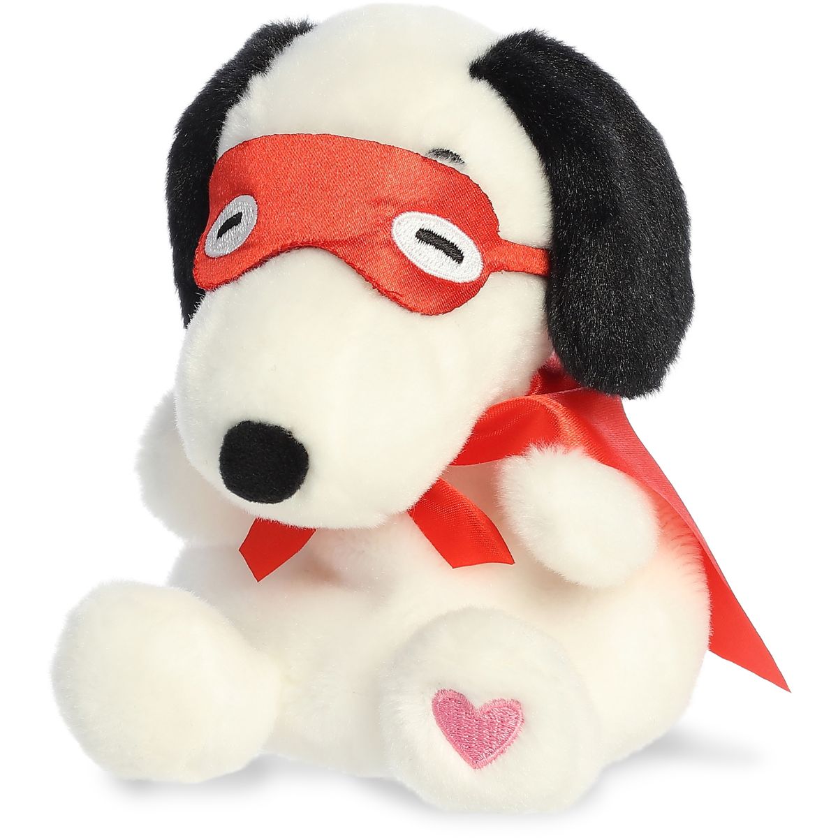 Slightly angled view of the cheerful Palm Pals Peanuts Snoopy Kissing Bandit plush sitting upright.