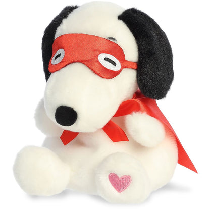 Slightly angled view of the cheerful Palm Pals Peanuts Snoopy Kissing Bandit plush sitting upright.