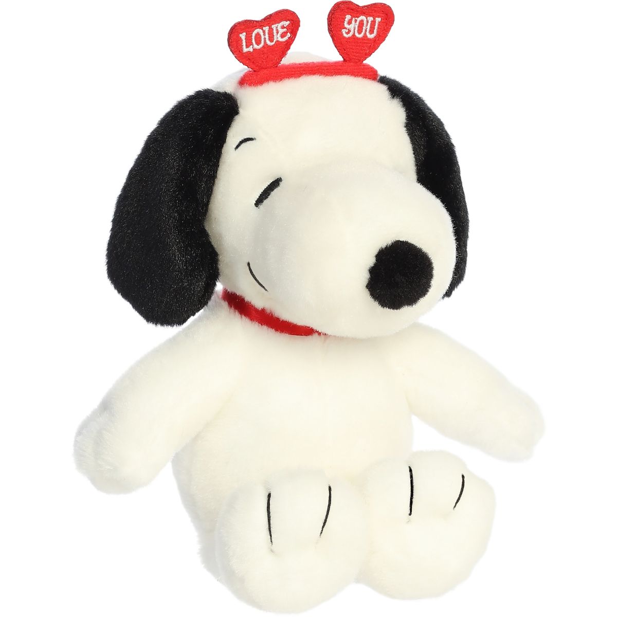 Angled view of the adorable Aurora Snoopy stuffed animal featuring his classic black ears, black nose, and "Love You" headband.