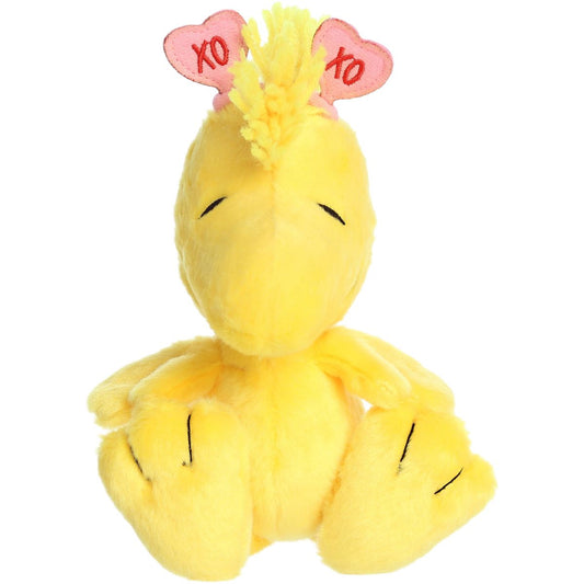 Front view thumbnail of the cute yellow Woodstock plush looking forward, showcasing its happy stitched expression and pink heart antennas.