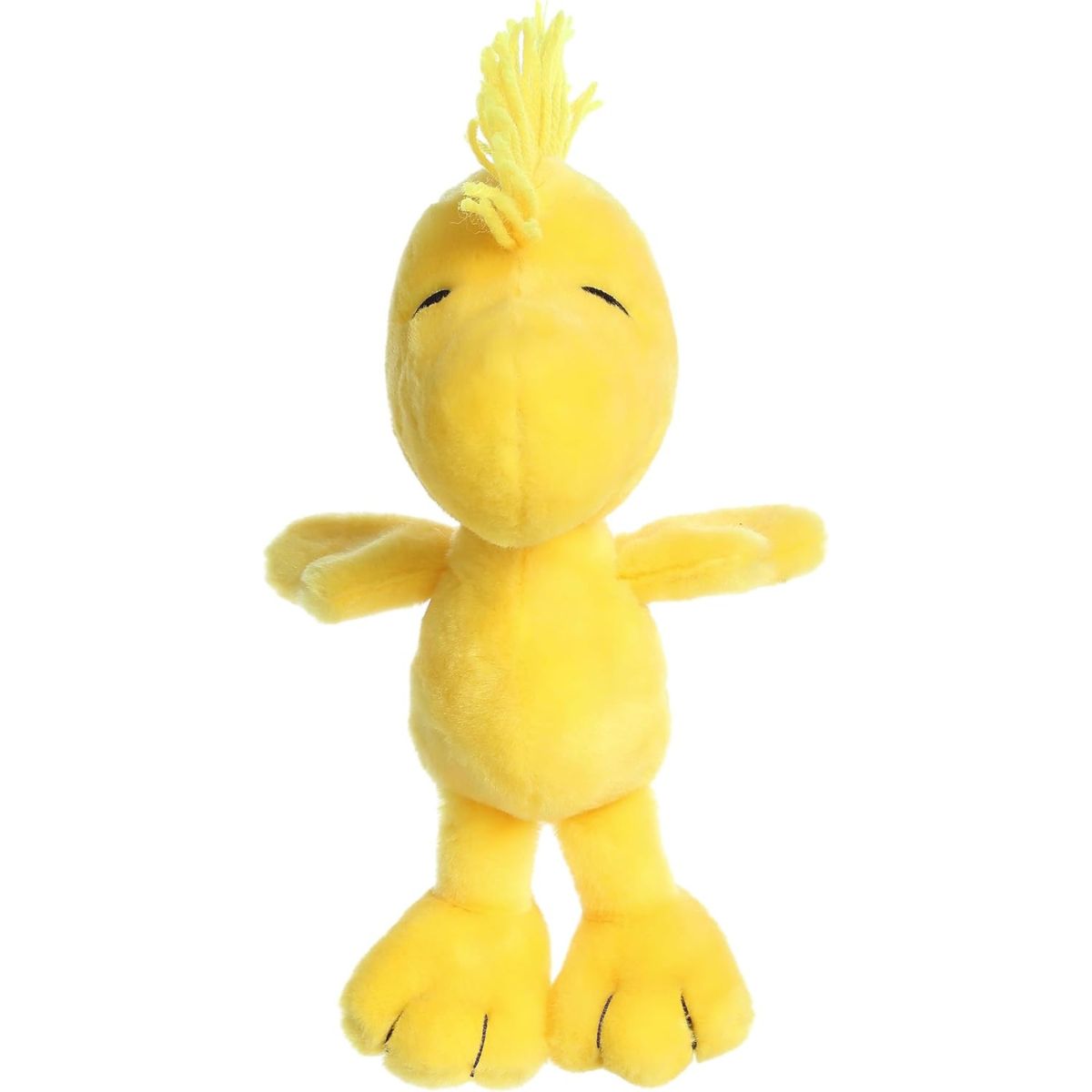 Straight front standing view of the floppy Woodstock plush showing his relaxed arms and classic embroidered face.
