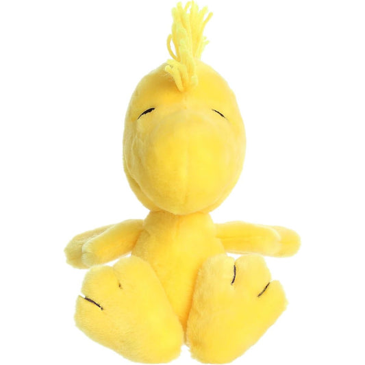 Front sitting view of the yellow Woodstock plush highlighting his floppy legs and happy expression.