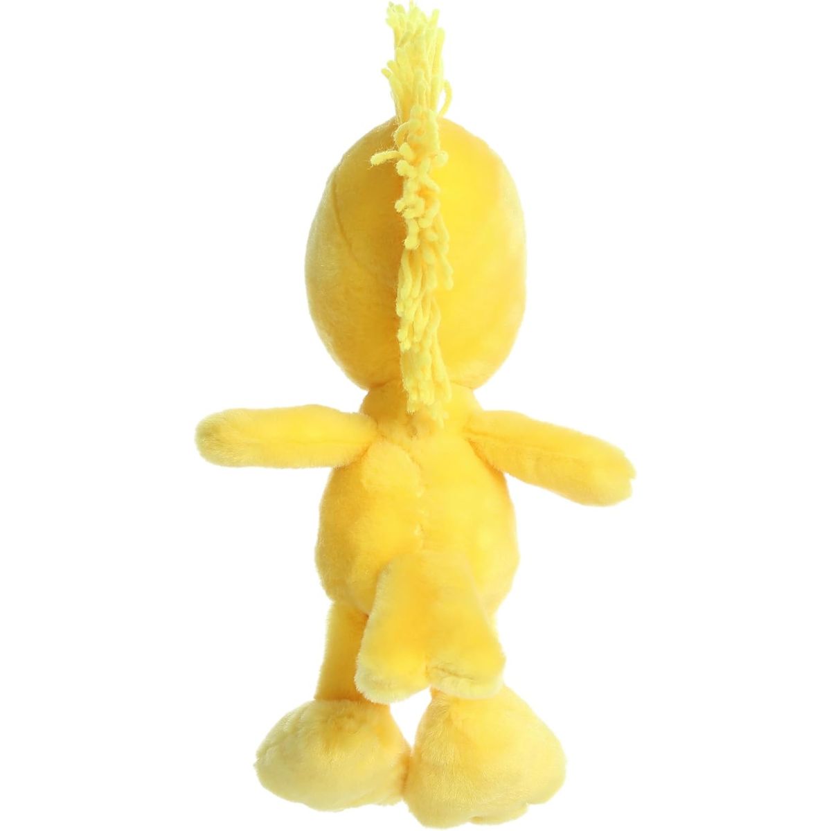 Back view of the Aurora Woodstock plush showcasing his soft yellow body, tail, and fluffy head feathers.