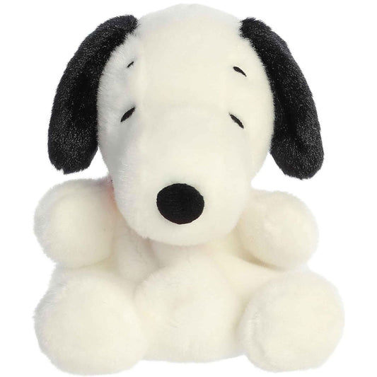 Front view of the adorable Aurora Snoopy stuffed animal featuring his classic black nose, closed eyes, and floppy black ears.