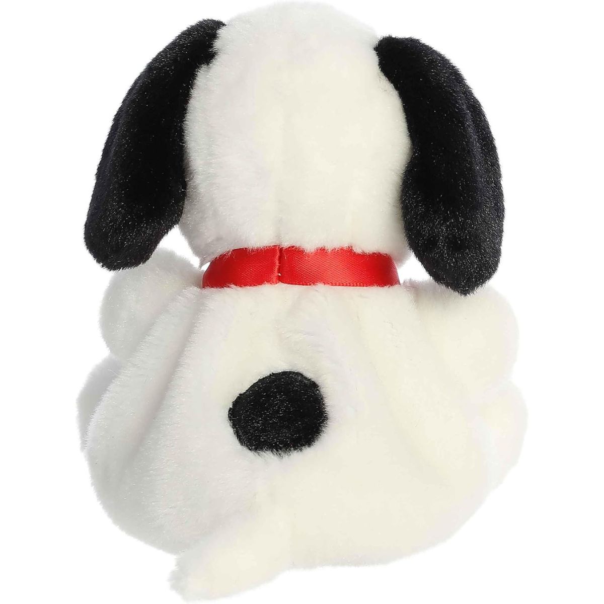 Back view of the Aurora Palm Pals Peanuts Snoopy plush toy showing the black spot on his back and his cute little white tail.