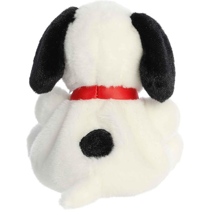 Back view of the Aurora Palm Pals Peanuts Snoopy plush toy showing the black spot on his back and his cute little white tail.
