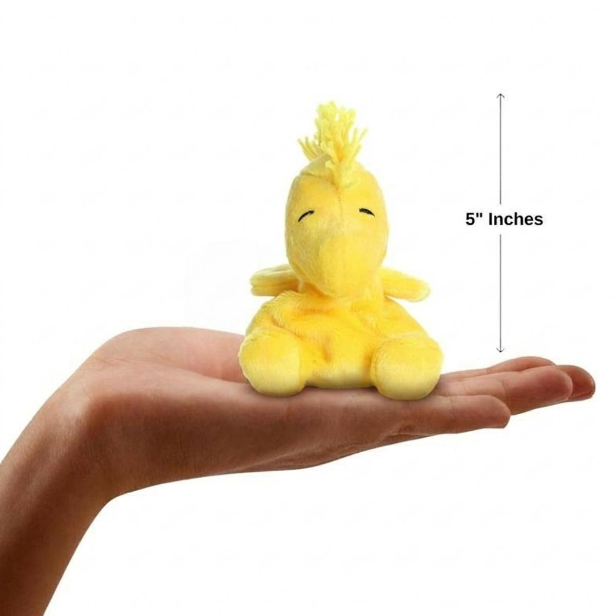 The miniature Peanuts Woodstock plush sitting balanced in an open human hand under a 5-inch height graphic indicator.