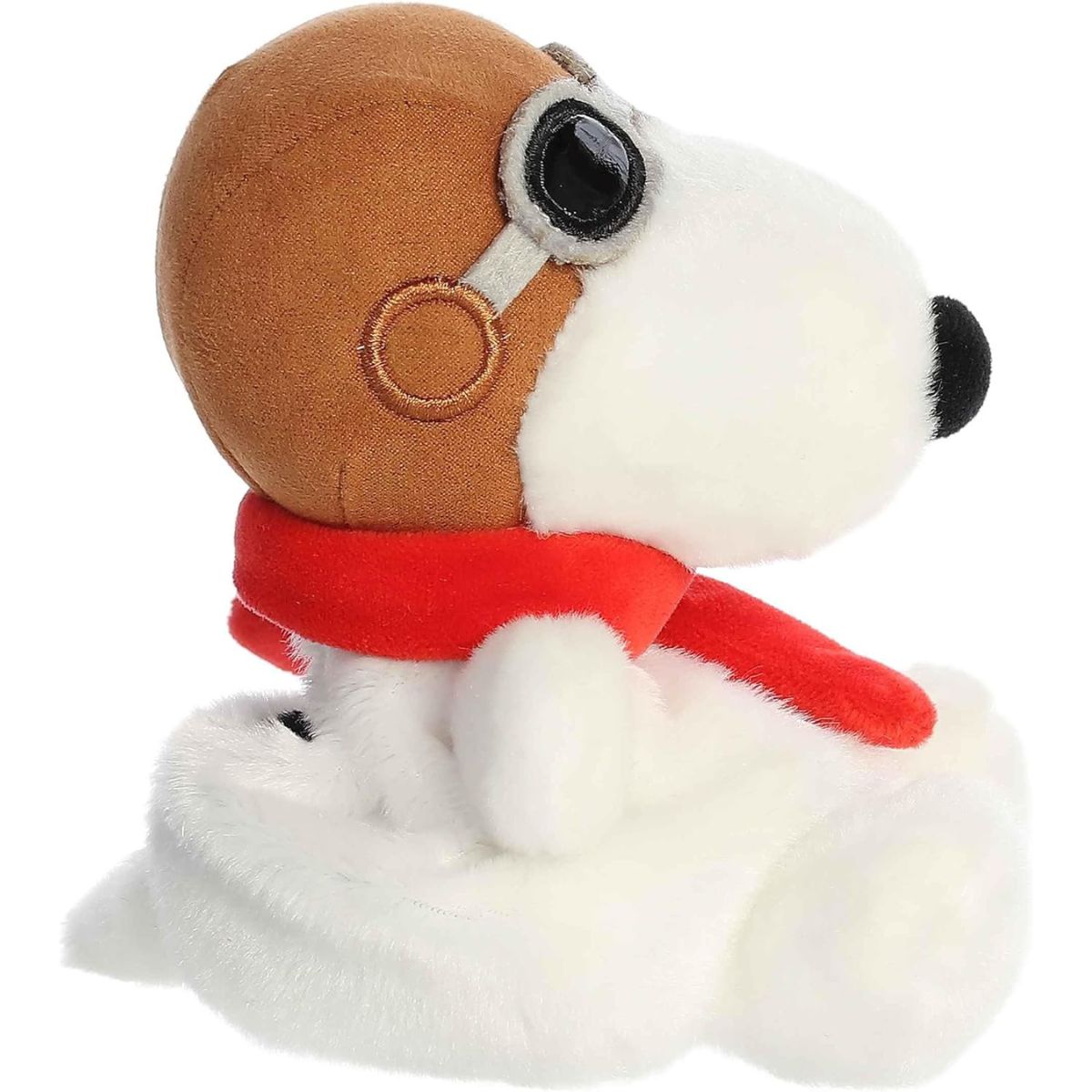 Side profile of the Aurora Palm Pals Snoopy Flying Ace plush highlighting his pilot goggles and vibrant red scarf.