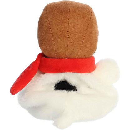Direct back view of the Snoopy stuffed animal showing the back of his brown pilot hat, red scarf, and black back spot.