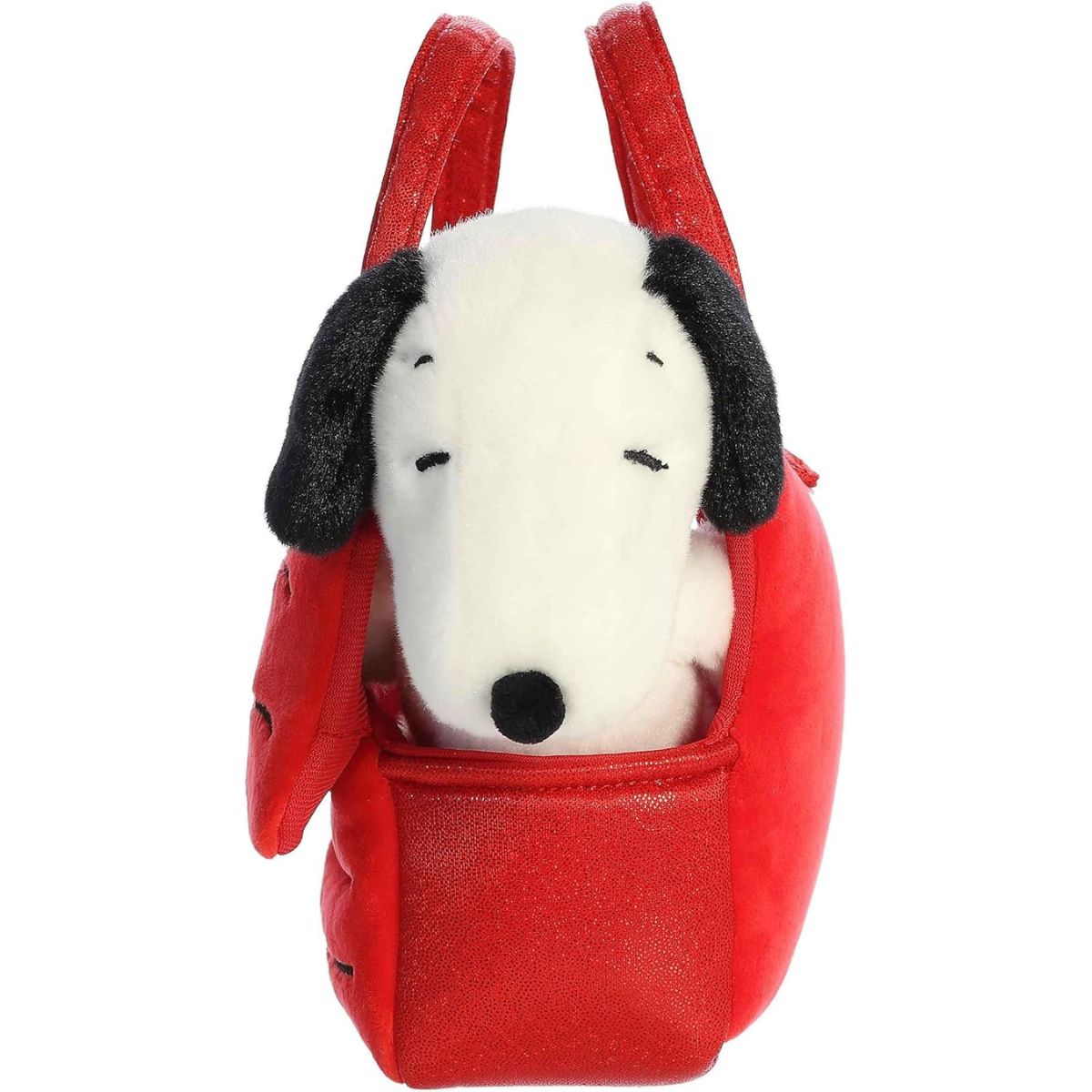 Side view of the Snoopy's House purse carrier showing Snoopy's face peeking out from the top.