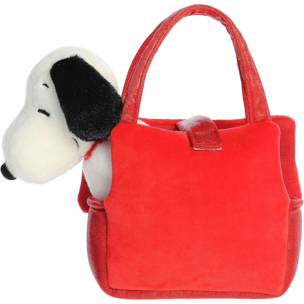 Back view of the red doghouse purse carrier with the Snoopy plush tucked inside.