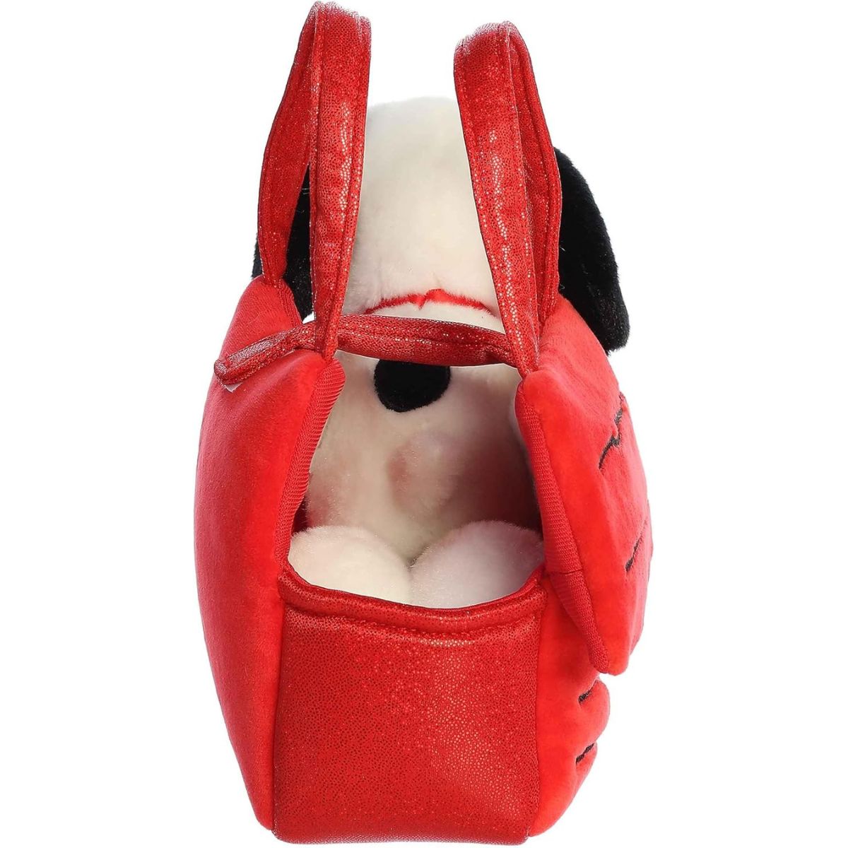 Side profile view of the open carrier bag showing the Snoopy plush resting safely inside.