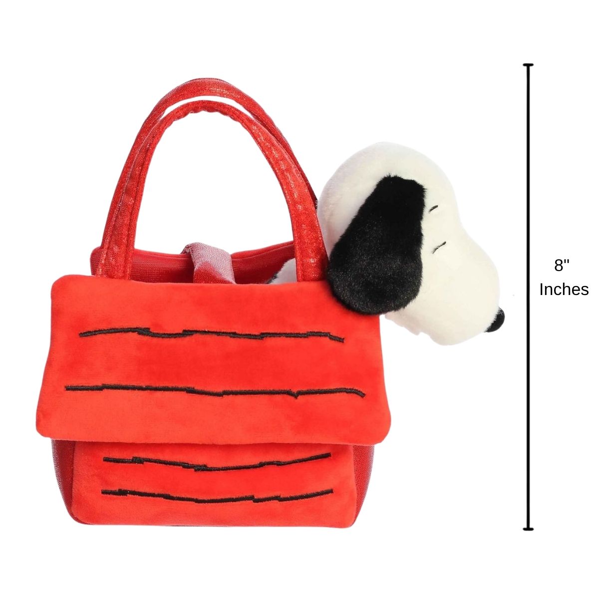 Sizing graphic for the Aurora Fancy Pals Snoopy's House carrier and plush set, indicating a total height of 8 inches.