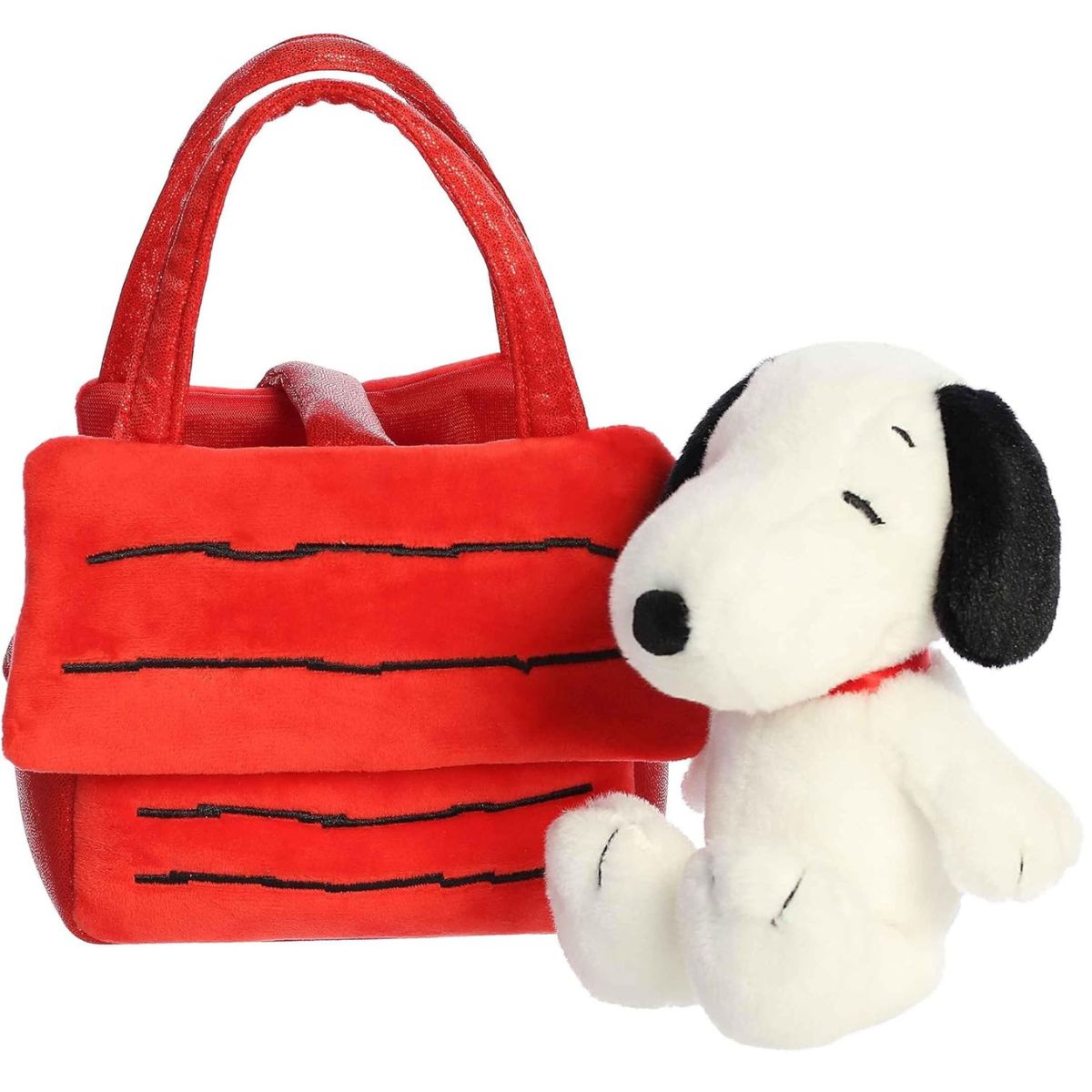 Front view of the Aurora Fancy Pals Peanuts Snoopy plush sitting next to its red doghouse purse carrier.