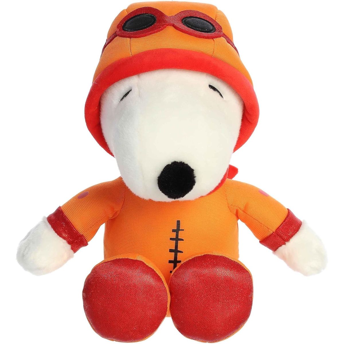 Straight front view of the Astronaut Snoopy stuffed animal highlighting his white face, black nose, and orange space suit with black stitching.