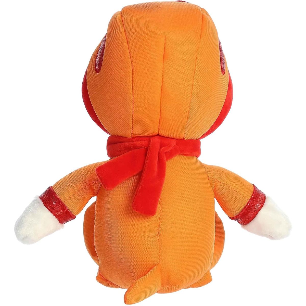 Back view of the orange Astronaut Snoopy stuffed animal showing the back of his helmet, red scarf, and bright orange suit.