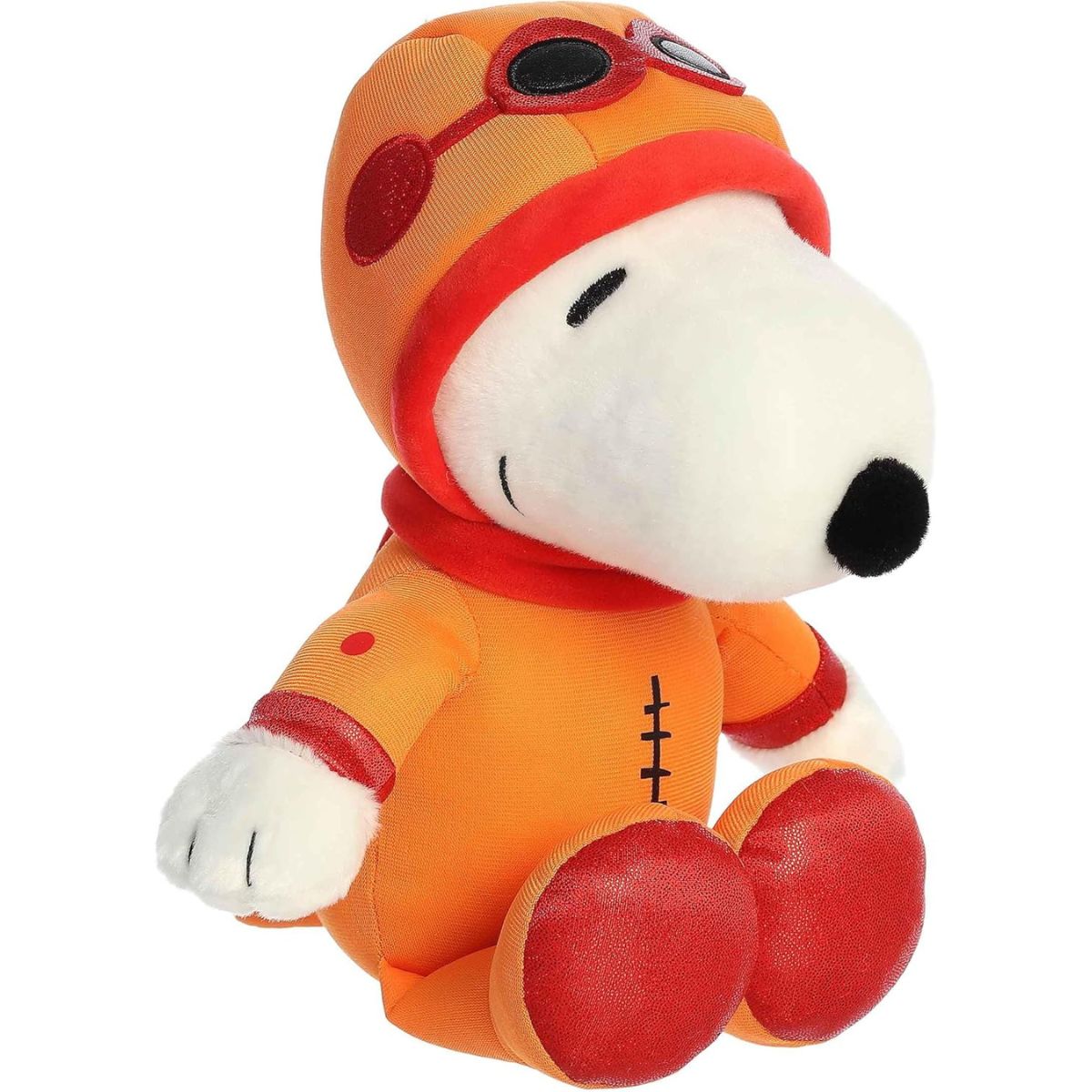 Front angled view of the Aurora Peanuts Astronaut Snoopy 12.5-inch plush wearing a bright orange spacesuit, helmet with red goggles, and red scarf.