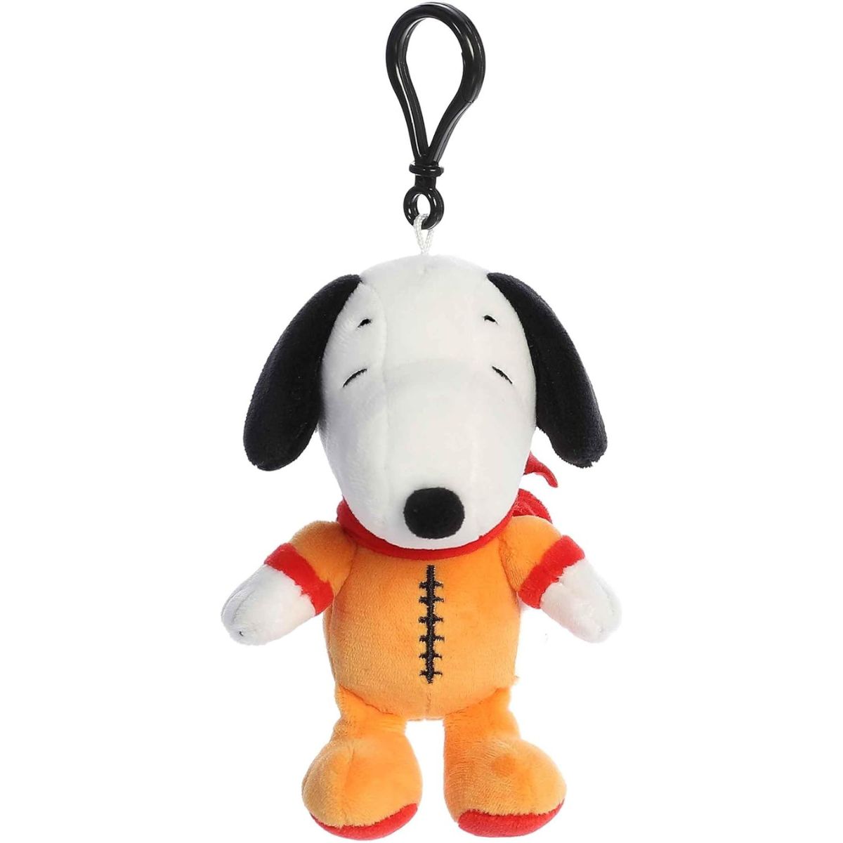 Straight front view of the Snoopy keychain plush highlighting his happy expression, black nose, and the black stitching on his orange suit.