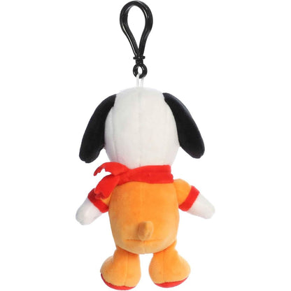 Back view of the Snoopy plush keychain showing his orange spacesuit, black ears, and the attached black clip.