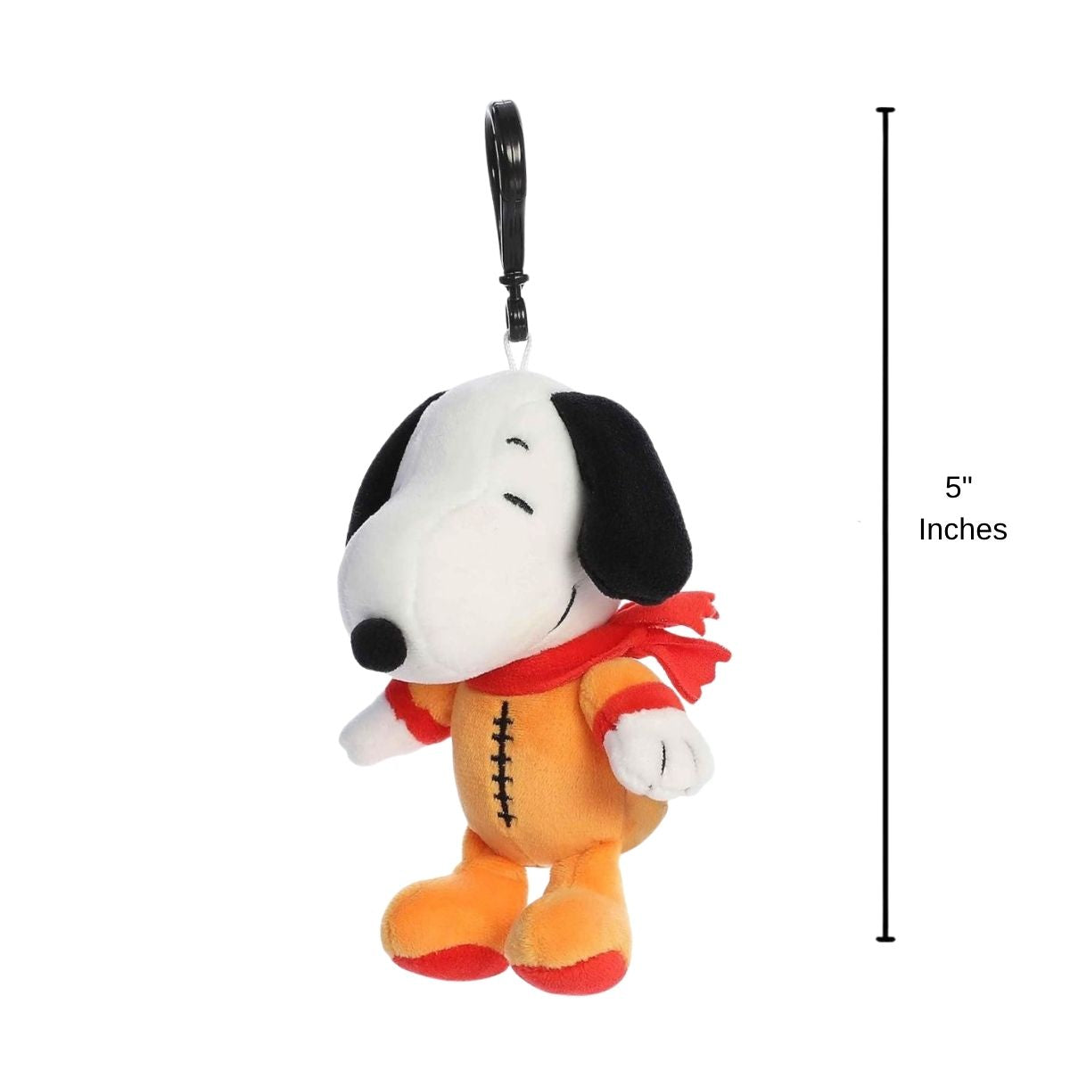 Standing view of the Astronaut Snoopy clip-on plush with a dimension line indicating its 5-inch height.