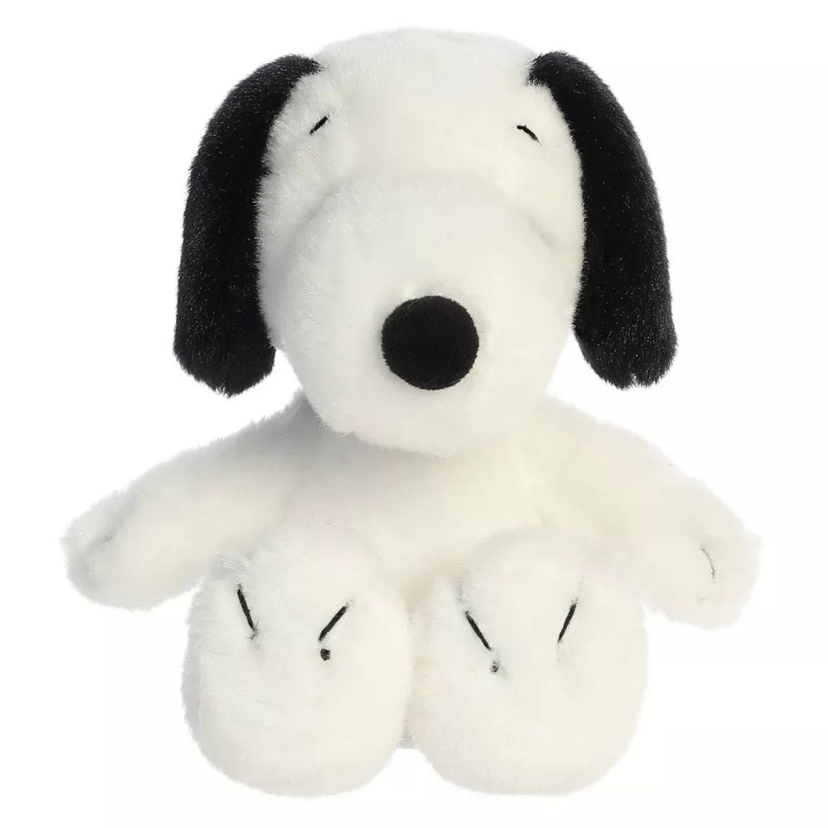 Straight-on front view of the soft Snoopy plush sitting upright, showing his black nose and ears.