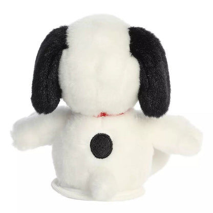 Direct back view of the Snoopy stuffed animal highlighting the black spot on his back and little tail.