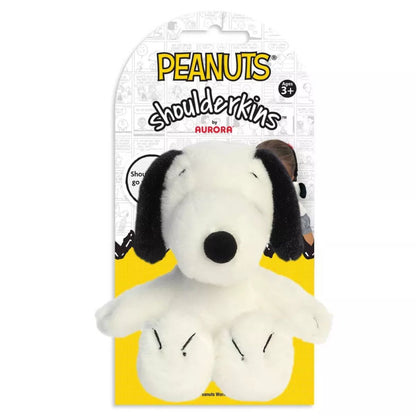 Packaging view of the Aurora Peanuts Shoulderkins Snoopy attached to a yellow display card.