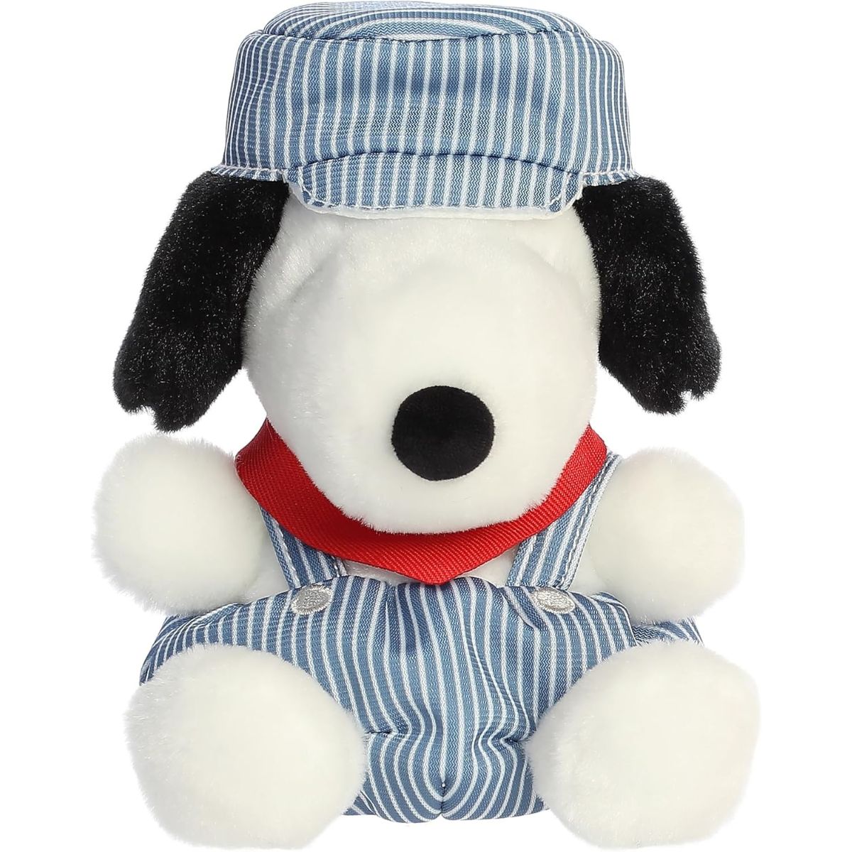 Straight-on front view of the soft Palm Pals Engineer Snoopy plush sitting upright, showing his black nose and floppy ears.