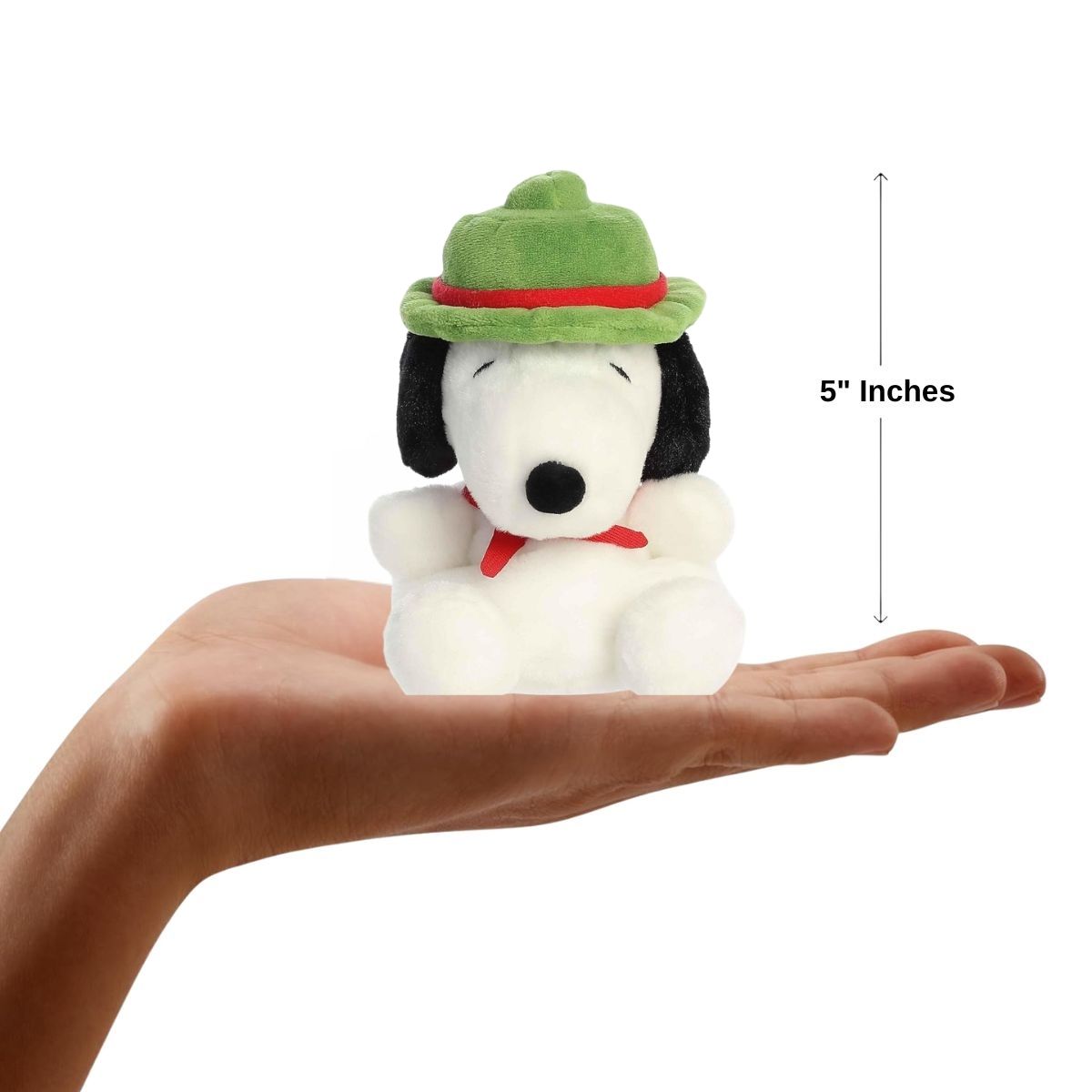 Dimension graphic showing the 5-inch Aurora Palm Pals Peanuts Beagle Scout Snoopy resting comfortably in a person's hand with a 5-inch height label.