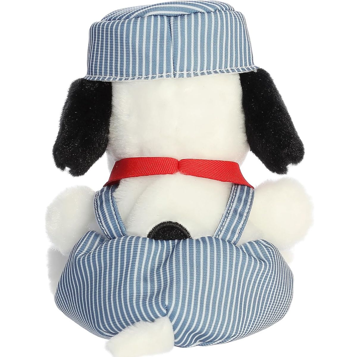 Direct back view of the Palm Pals Snoopy stuffed animal sitting down, highlighting his striped overalls and black spot.