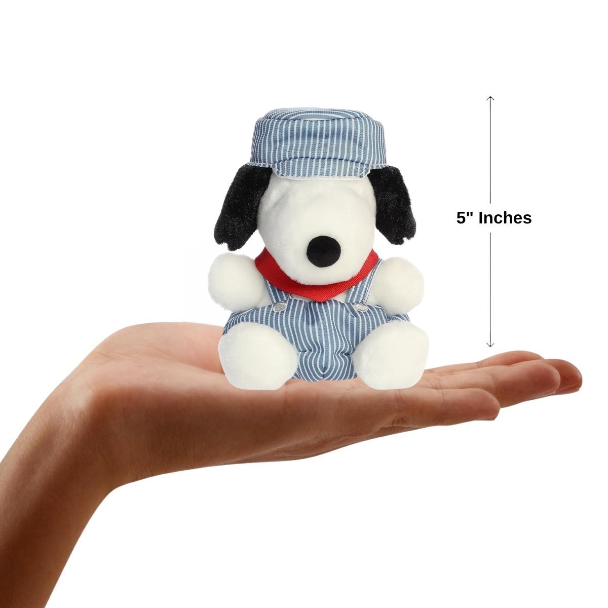 Dimension graphic showing the 5-inch Aurora Palm Pals Peanuts Train Engineer Snoopy resting comfortably in a person's hand with a 5-inch height label.
