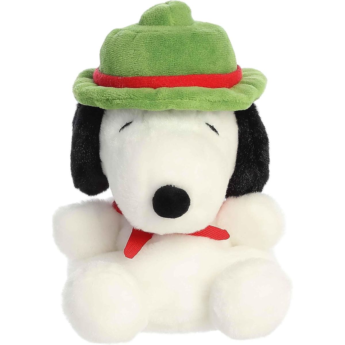 Straight-on front view of the soft Palm Pals Beagle Scout Snoopy plush sitting upright, showing his black nose and floppy ears.