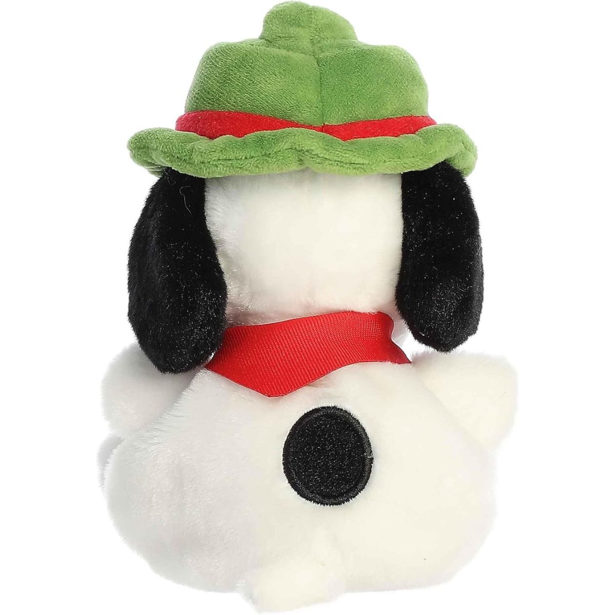 Direct back view of the Palm Pals Snoopy stuffed animal sitting down, highlighting his black back spot and the back of his green hat.