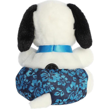 The rear thumbnail view of the white Aurora licensed Surfer Snoopy toy displaying his signature round black back spot peeking from his blue swim trunks.