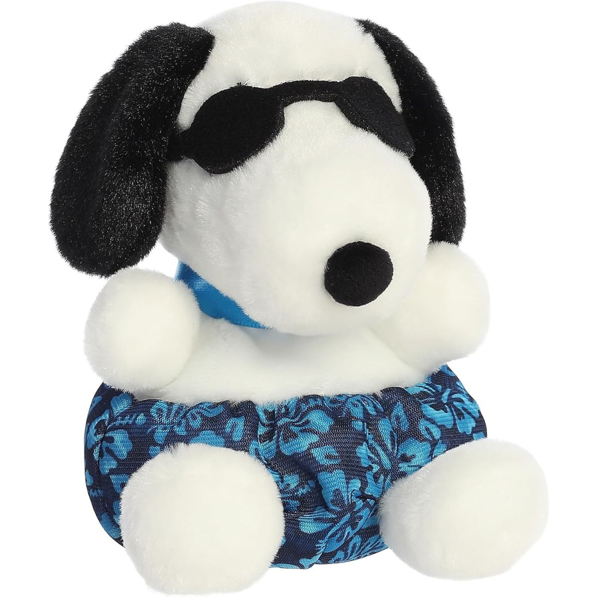 Aurora Palm Pals Surfer Snoopy 5-inch plush stuffed toy sitting forward wearing black sunglasses and blue tropical floral swim trunks.
