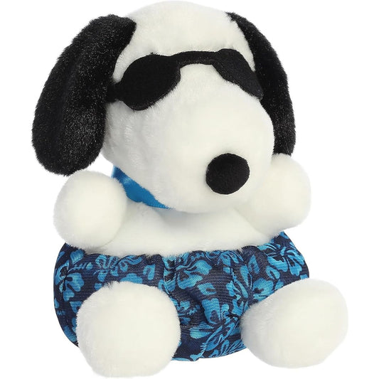 Aurora Palm Pals Surfer Snoopy 5-inch plush stuffed toy sitting forward wearing black sunglasses and blue tropical floral swim trunks.