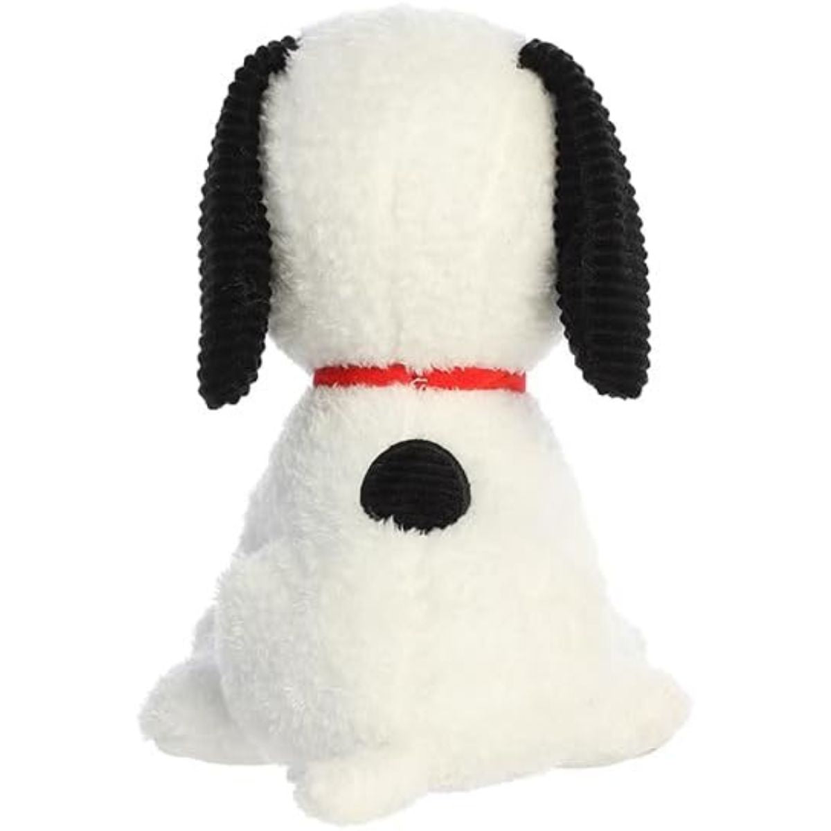 Direct back view of the Snoopy stuffed animal highlighting the black spot on his back, little white tail, and textured ears.