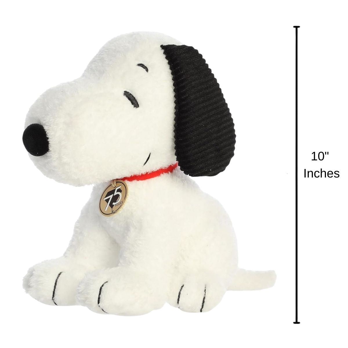 Angled side profile of the Aurora Peanuts Snoopy plush sitting upright with a measurement graphic indicating a 10-inch height.