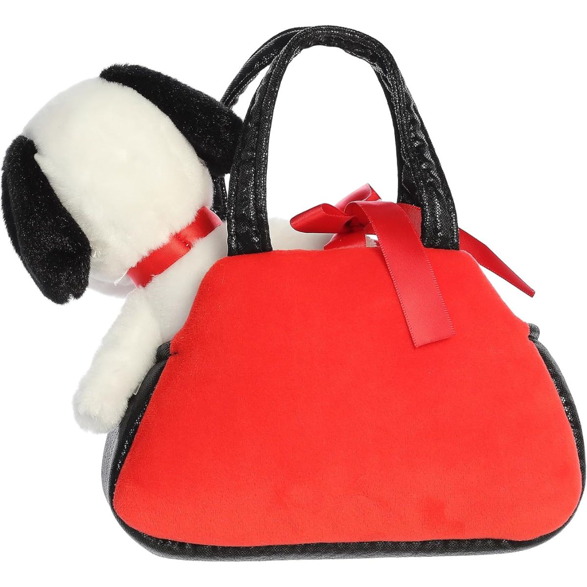 Back view of the red and black Fancy Pals purse carrier highlighting the red bow detail with Snoopy inside.