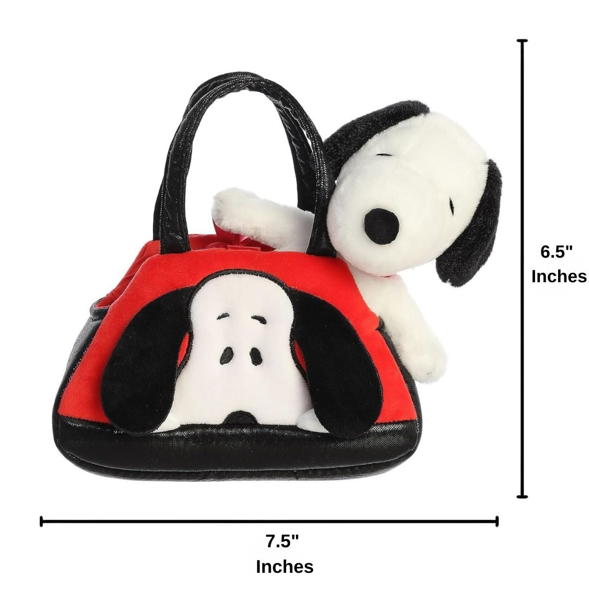 Dimension graphic showing the Snoopy Fancy Pals carrier measuring 6.5 inches tall and 7.5 inches wide.