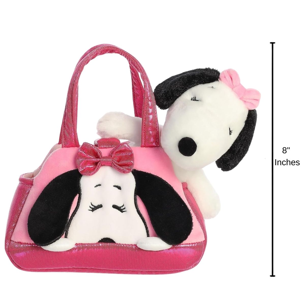 Front view of the Belle plush inside her pink carrier with an 8-inch height measurement label.