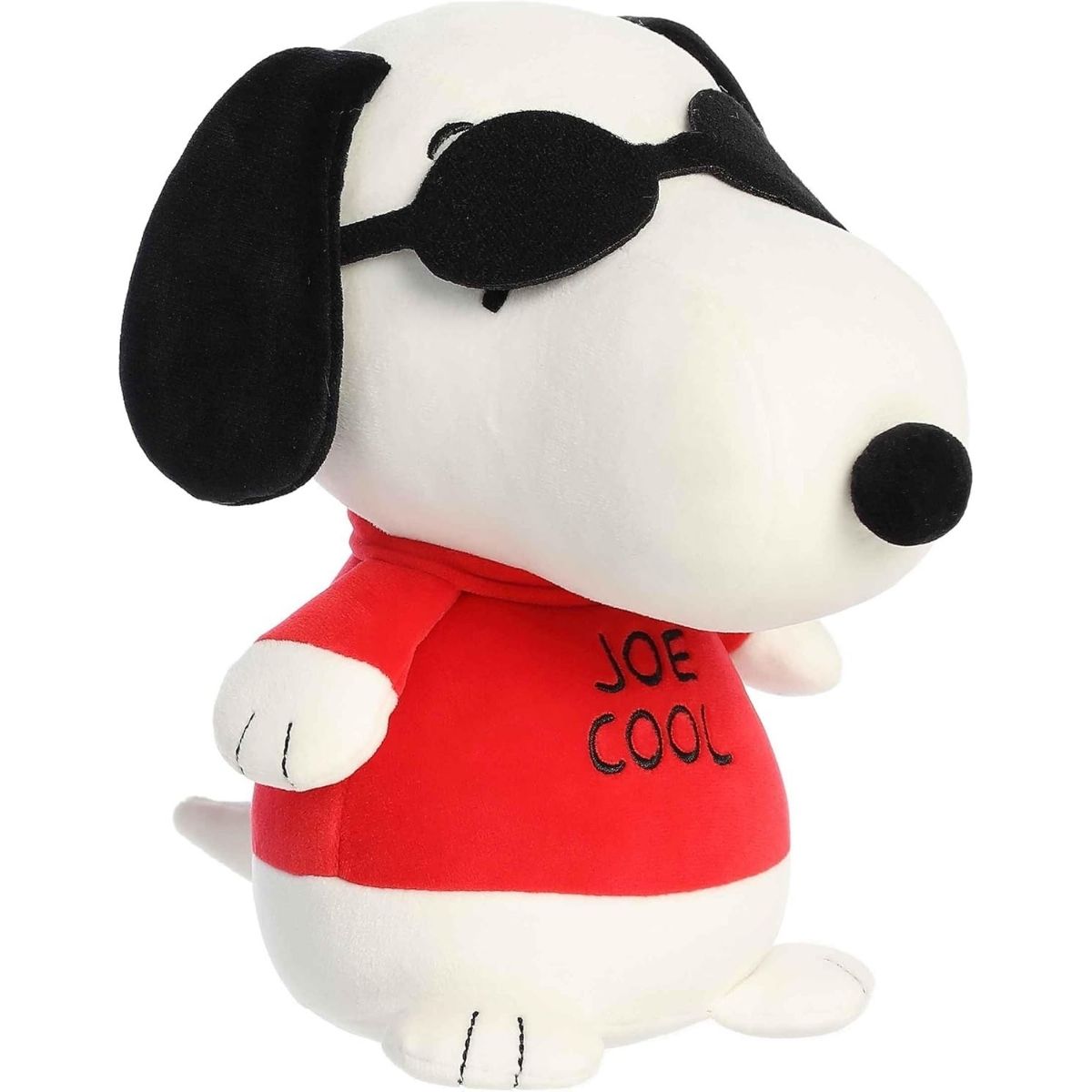 Angled front view of the soft squishy Joe Cool Snoopy plush sitting upright.