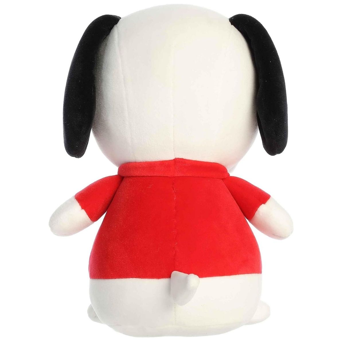 Direct back view of the cuddly Snoopy stuffed animal showing the back of his red shirt and little white tail.