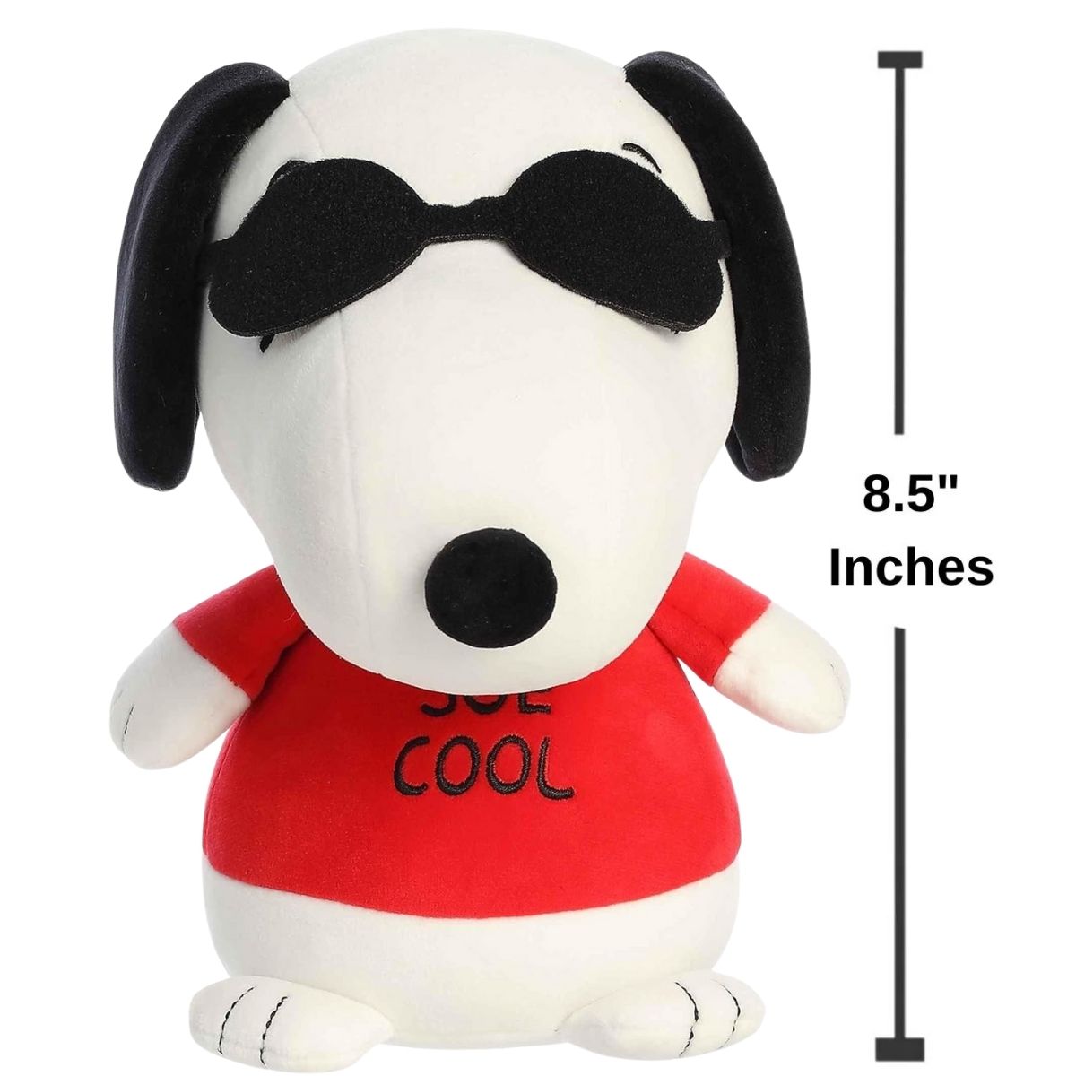 Dimension graphic showing the Aurora Peanuts Squishy Joe Cool Snoopy plush sitting upright with an 8.5-inch height label.