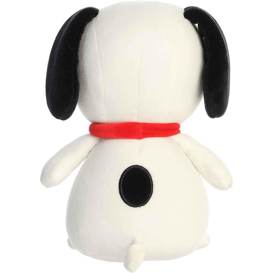 Direct back view of the plump Snoopy stuffed animal showing his classic black back spot, red collar, and little tail.