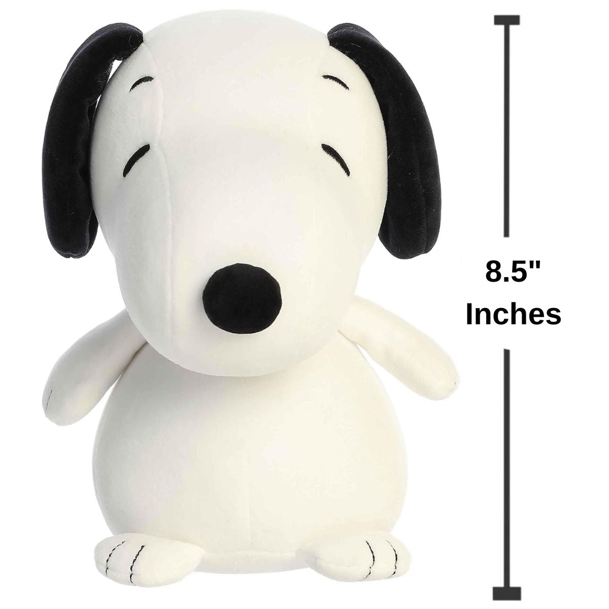 Direct front view of the soft Peanuts Snoopy plush with a measurement line indicating he is 8.5 inches tall.