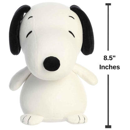 Direct front view of the soft Peanuts Snoopy plush with a measurement line indicating he is 8.5 inches tall.