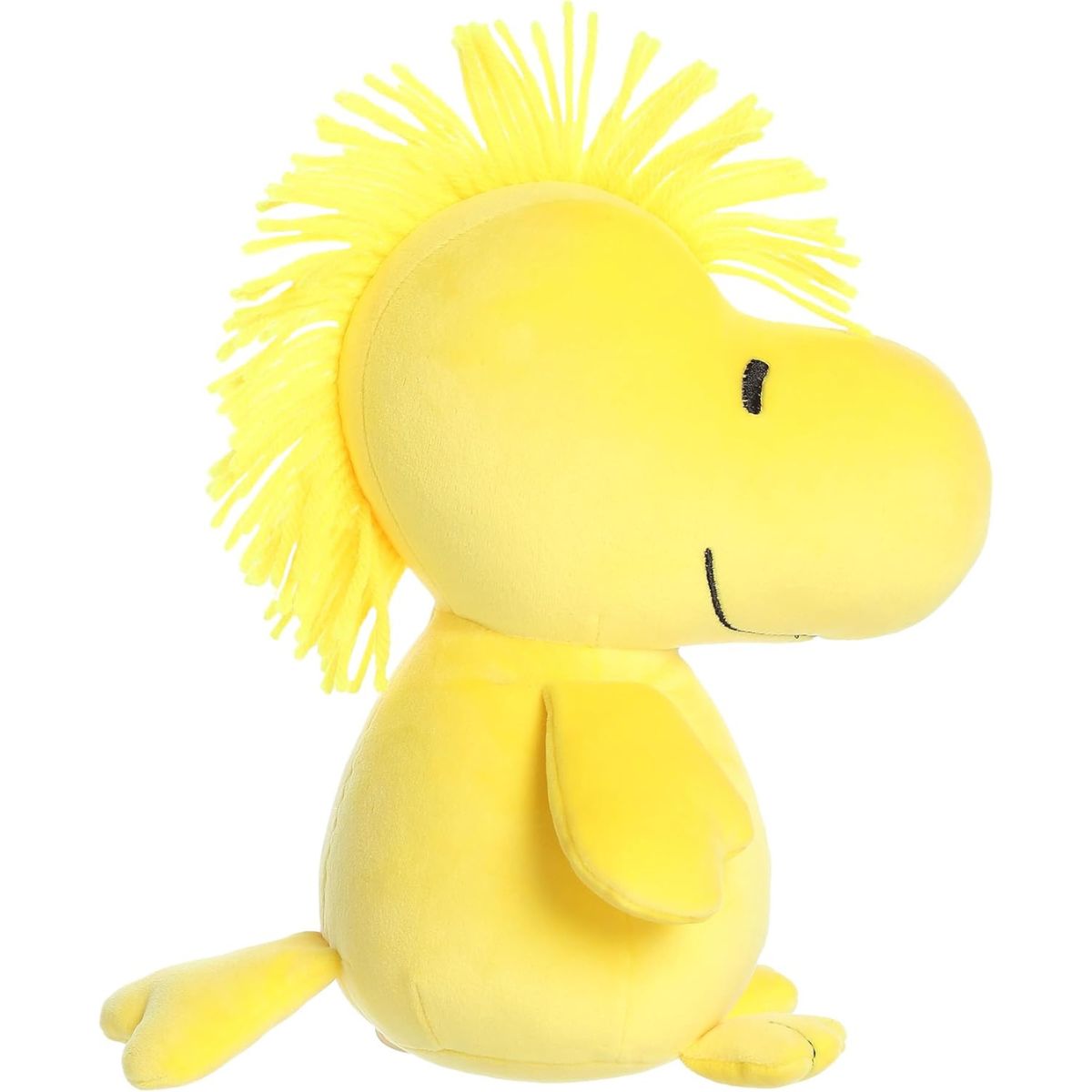 Side profile view of the squishy Woodstock plush highlighting his plump shape, little wings, and tufted yellow hair.